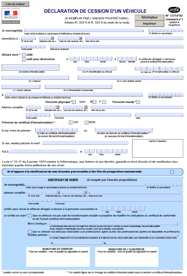 comment remplir vente voiture